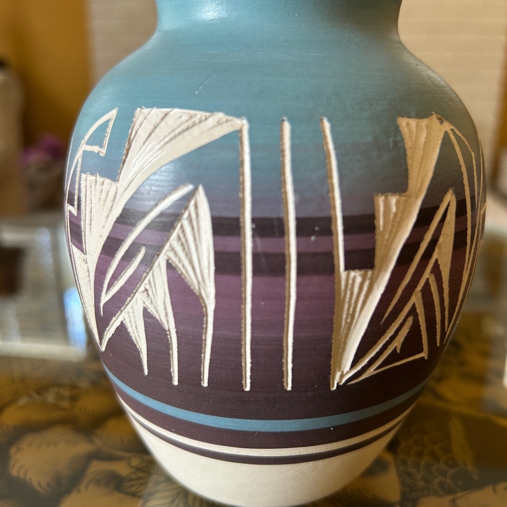 Handcrafted Ceramic Vase - Blue and black and white signed made in USA